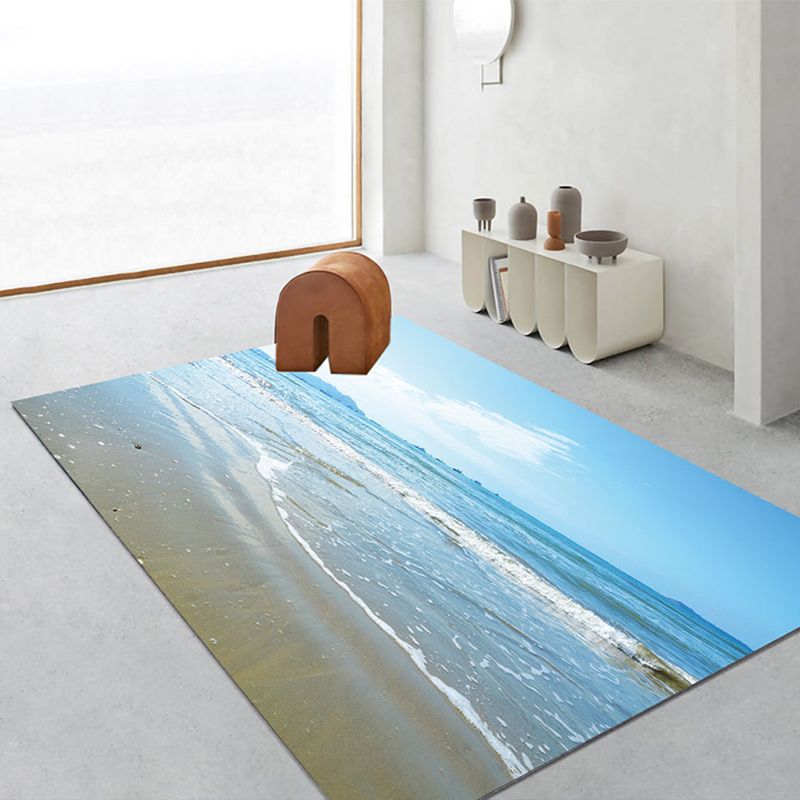 Blue Modern Rug Beach Pattern Polyester Rug Washable Rug for Living Room