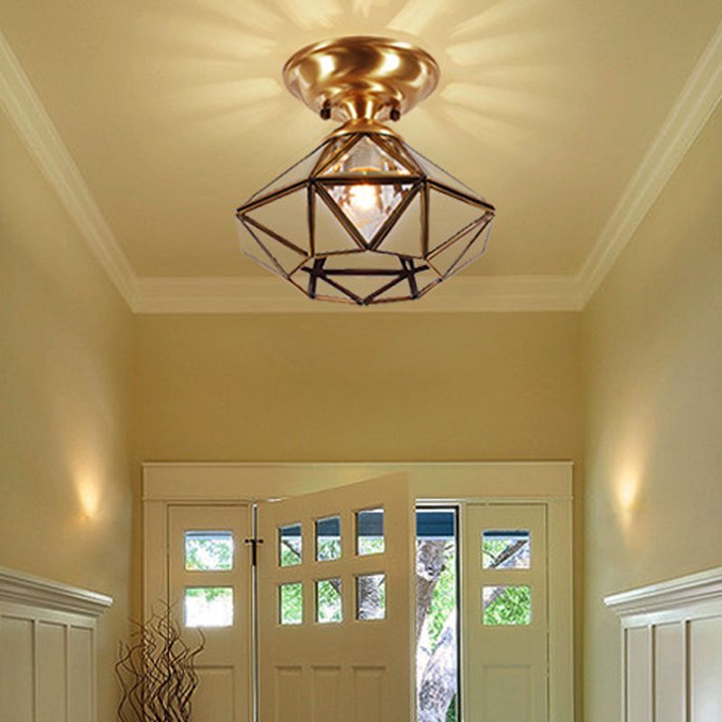 10"/12" W Colonial Diamond Flush Ceiling Light 1-Light Clear Beveled Glass Panels Flush Mount in Brass