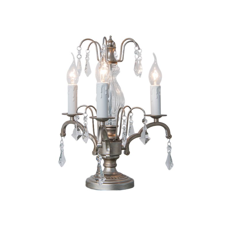 Lampada da comodino in stile rustico a 3 teste con candela notturna in metallo argento con gocciolina di cristallo