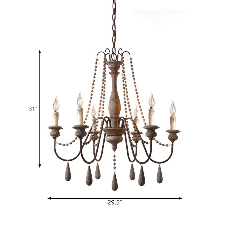 Bead Strand Hanging Chandelier Countryside Distressed Wood Suspension Lamp with Candelabra Design