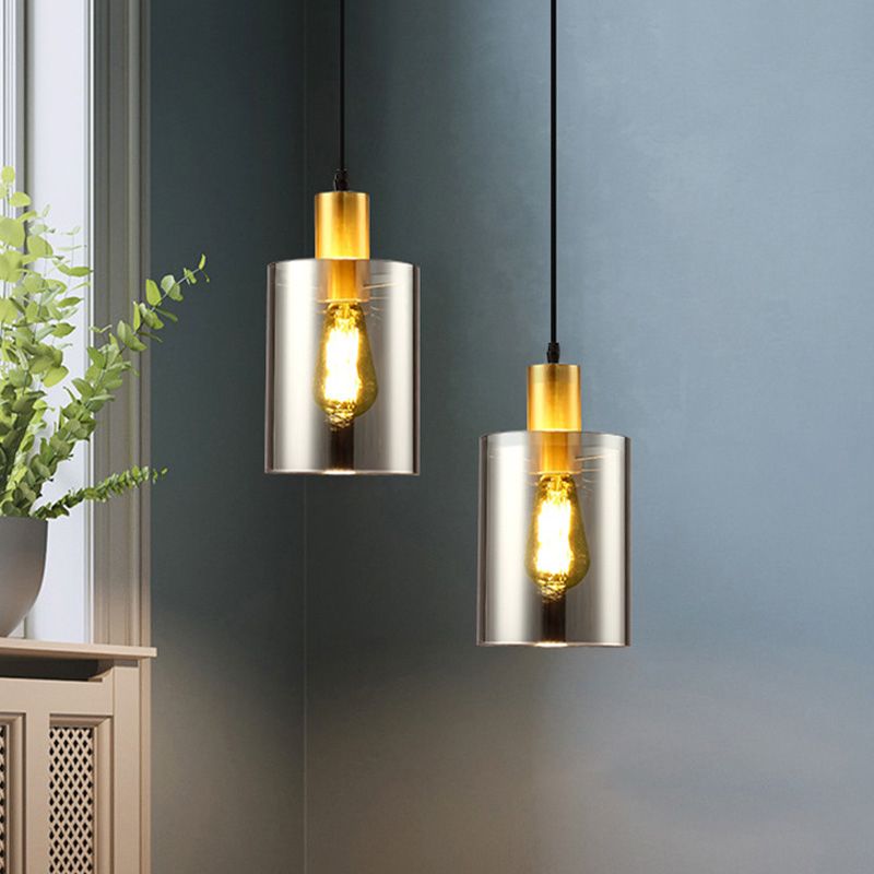 Cylinder Pendant Light Fixture Postmodern Smoke Gray Glass 1 Head Bedroom Hanging Lamp Kit