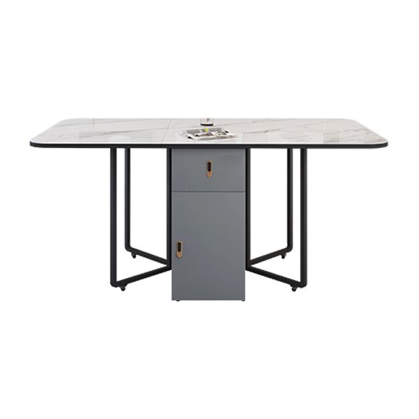 Metal Base Modern Rectangular Table Sintered Stone Top Table with Drop Leaf