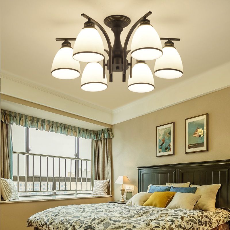 Black Radial Ceiling Light in Traditional Retro Style Wrought Iron Semi Flush Mount with Glass Shade