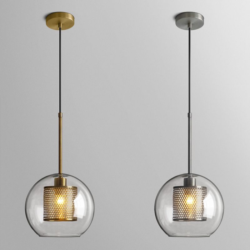 Clear Glass Orb Pendant Lighting Modernity 1 Head Hanging Ceiling Light with Inside Mesh Cage