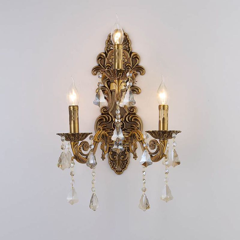 3 Heads Candle Wall Light Fixture Vintage Brass Metal Sconce Light with Crystal Drip Accent