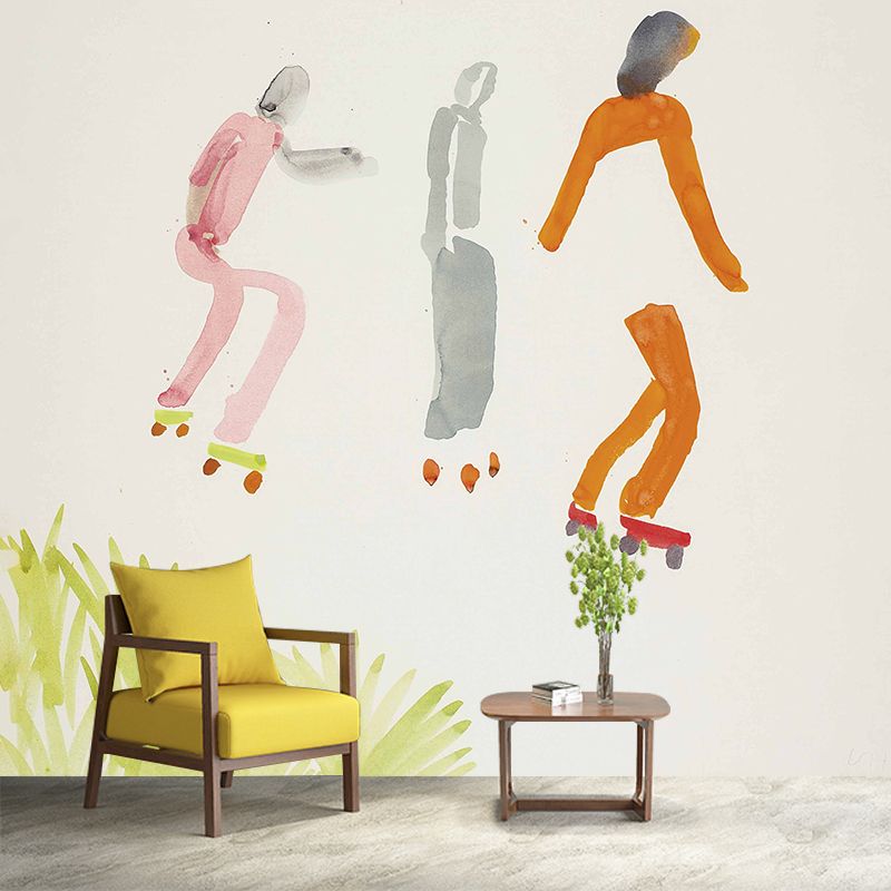 Modern Art Boys Wallpaper Murals with Ice Skating Drawing Pink-Orange Wall Covering