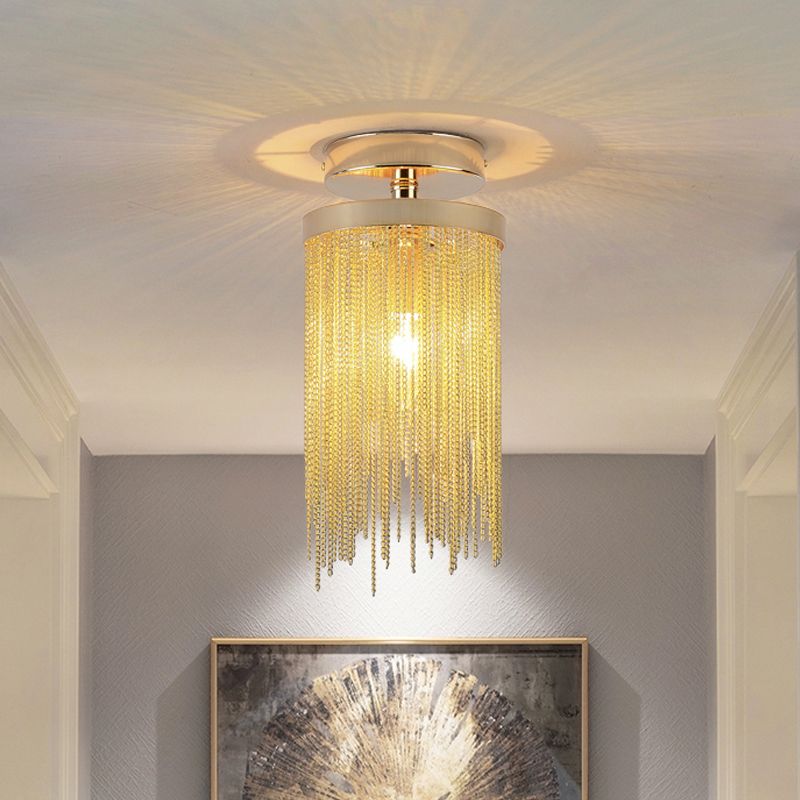 Cylinder Semi Flush Mount Light Modern Crystal Strand 1 Light Blue/Green/Chrome Ceiling Light