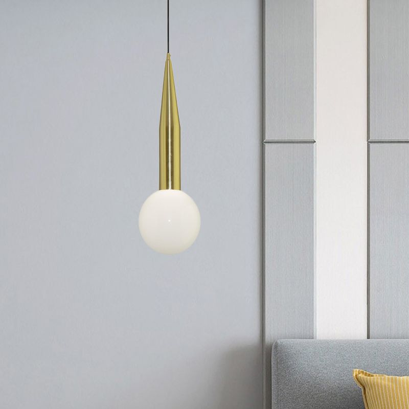 Tapering Bedside Pendant Light Kit Metallic Single Postmodern Style Hanging Lamp in Gold with Ball Milk Glass Shade