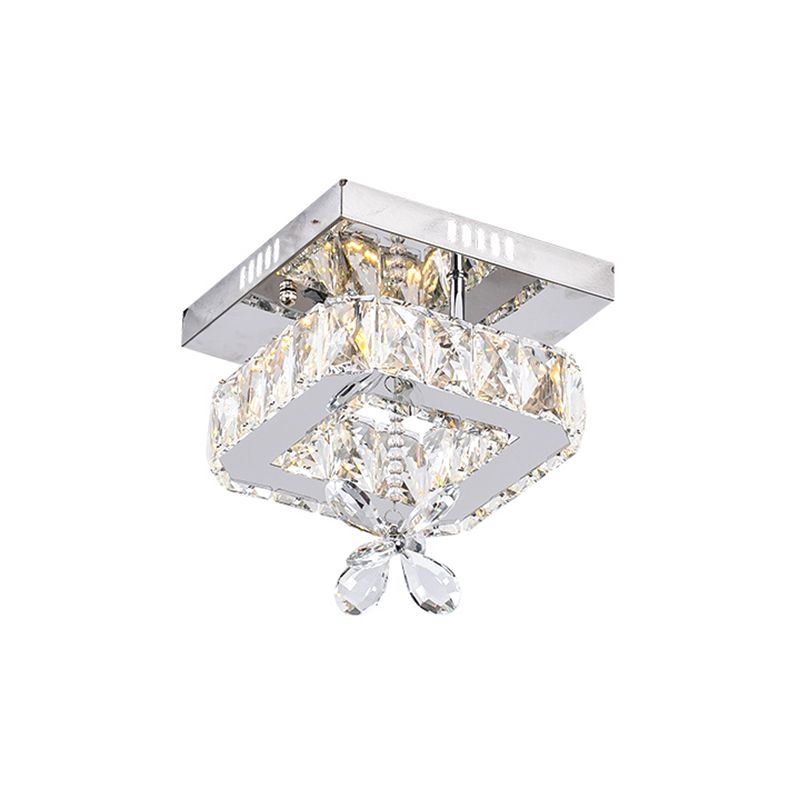 Square Beveled Crystal Semi Flush Mount Contemporary 8"/12" Wide LED Chrome Ceiling Fixture with Floret Design