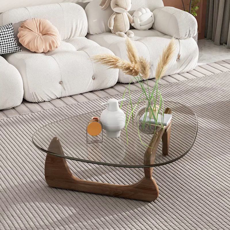 Contemporary Abstract Wooden Base Irregular Glass Top Coffee Table