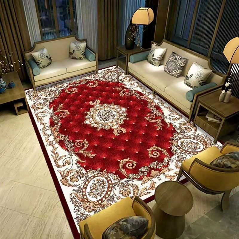 Tapis traditionnel rouge polyester tapis résistant à la tache pour le salon