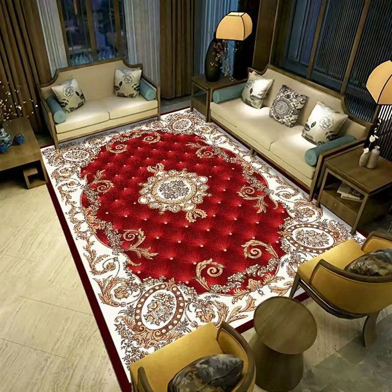 Red Traditional Rug Polyester Graphic Rug Stain Resistant Rug for Living Room