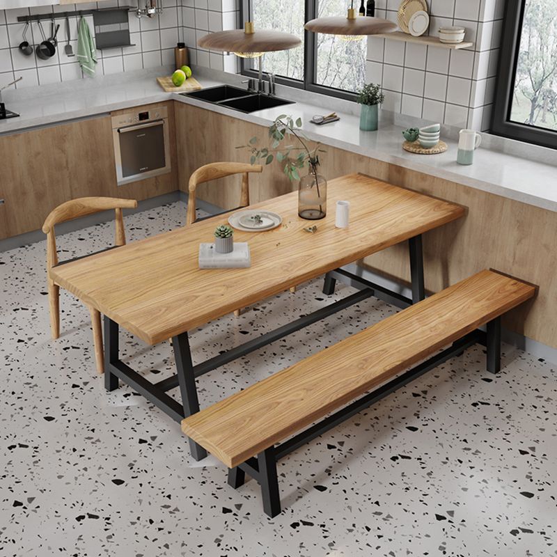 Industrial Solid Wood Rectangle Dining Khaki Standard Dining Table with Trestle Base