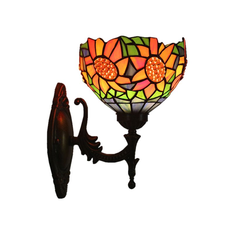 1 Light Bedroom Wall Lighting Baroque Brass Sunflower Patterned Wall Sconce with Bowl Stained Glass Shade