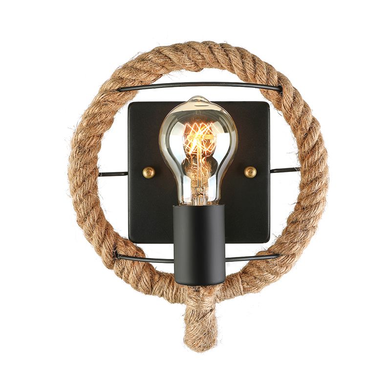 Roped Round/Oval Wall Light with Bare Bulb Nautical Style 1 Light Restaurant Wall Sconce Lighting in Black