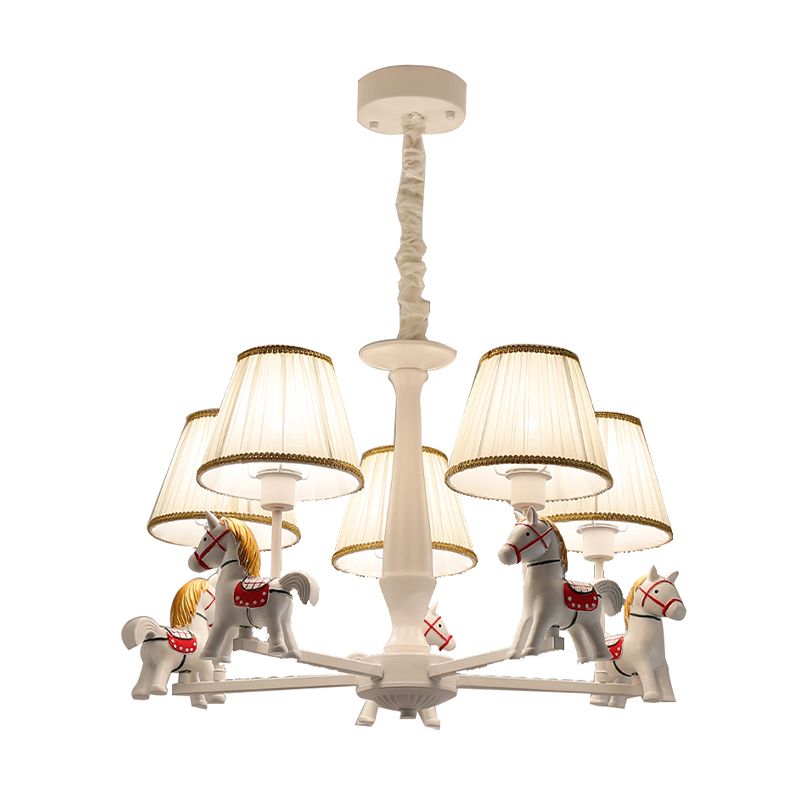 Fabric Pleated Shade Hanging Chandelier Kids 5-Light Beige Suspension Light with Carousel Design