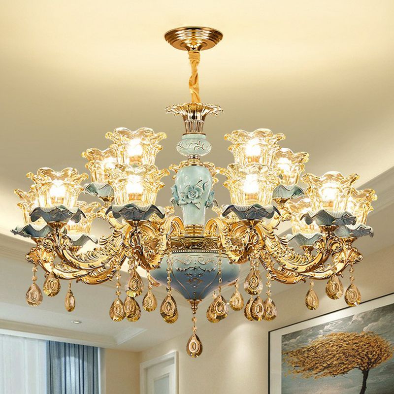 Blau geschichtete Blume auf Kronleuchter traditioneller klarer Kristallglas Schlafzimmer Suspension Licht