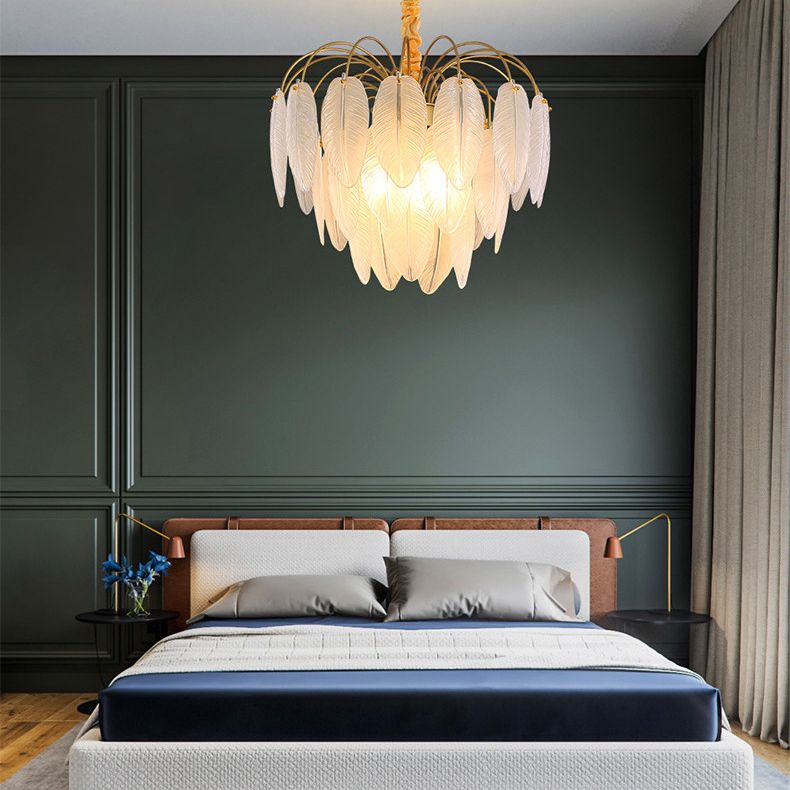Feather Glass Ceiling Chandelier Modern Creative White Hanging Ceiling Light for Girl Bedroom