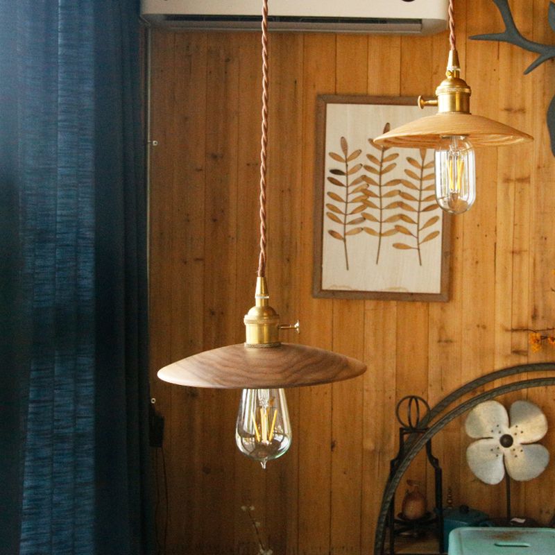 Flying Saucer Wooden Hanging Lighting Nordic 1 Bulb Pendant Light for Dining Room