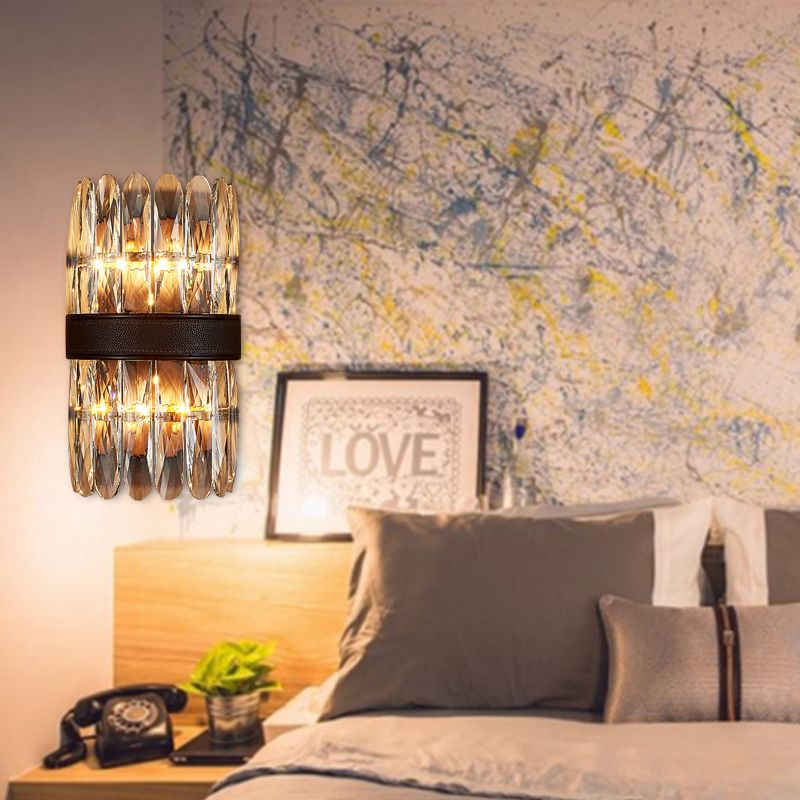 Crystal Block Cylinder Wall Lighting Fixture Modern 2/4 Lights Black Wall Sconce Light