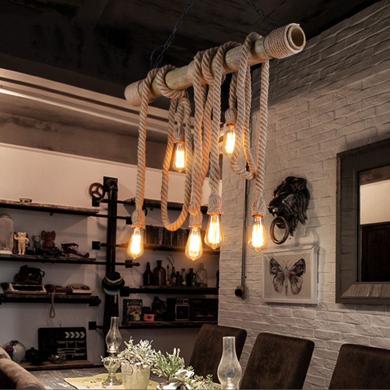 Industrial Style Exposed Bulb Island Light Rope Chandelier Lamp for Restaurant
