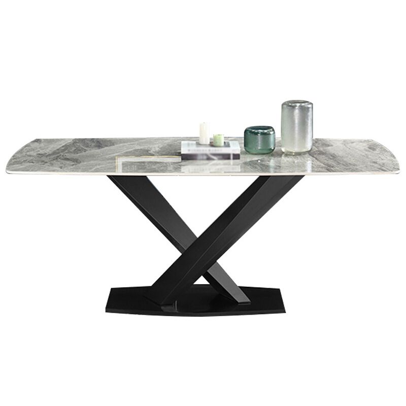 Luxury Sintered Stone Top Dining Table Rectangle Dining Table with Metal Pedestal in Black
