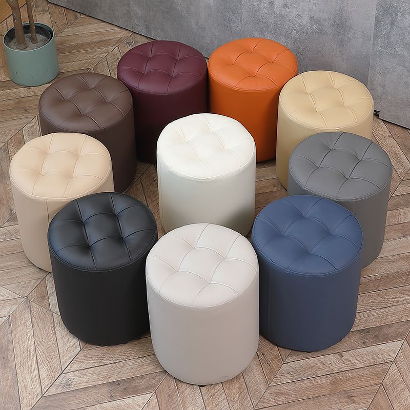 Modern Plain Ottoman Water Resistant Faux Leather Tufted Round Stool Ottoman
