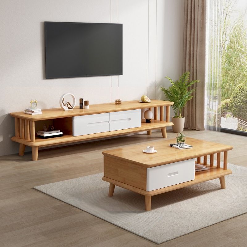 Scandinavian Solid Wood Coffee Table with 4 Legs and 2 Drawers