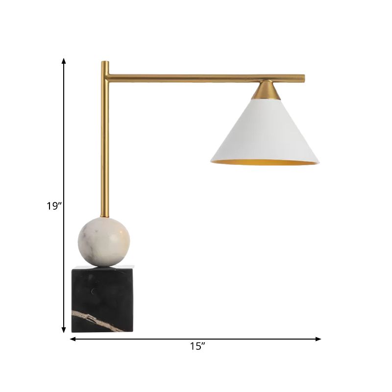 Conical Desk Lighting Minimalist Metal Single Head White Nightstand Lamp with Square Black Marble Base for Living Room