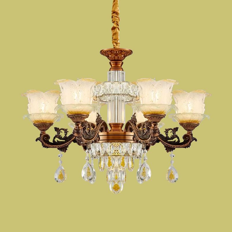 Mid Century Flower Chandelier Lighting Frosted Glass 6 Lights Living Room Pendulum Lamp in Brown
