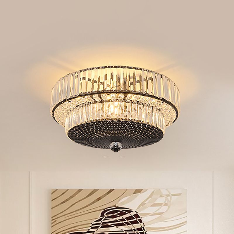 2-Tier Drum Flushmount Lamp Modernism Crystal Block 4-Light Black Flush Mounted Lighting