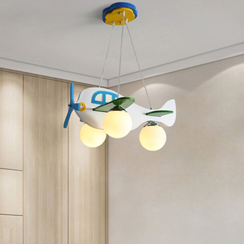 Cartoon Aircraft Pendant Chandelier Wooden 3-Bulb Kids Room Hanging Light with Ball White Glass Shade