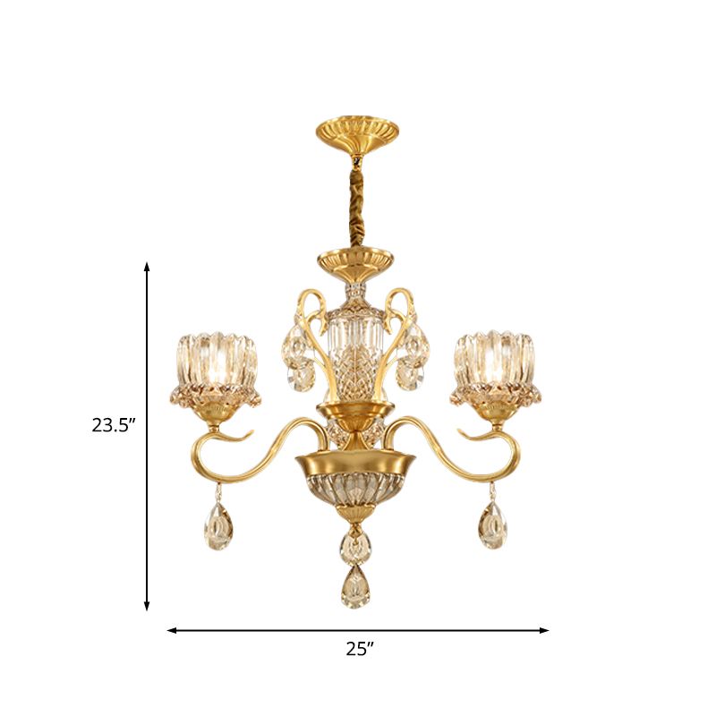 Traditional Lotus Hanging Chandelier 3/5-Light Clear Crystal Glass Ceiling Pendant Lamp in Brass
