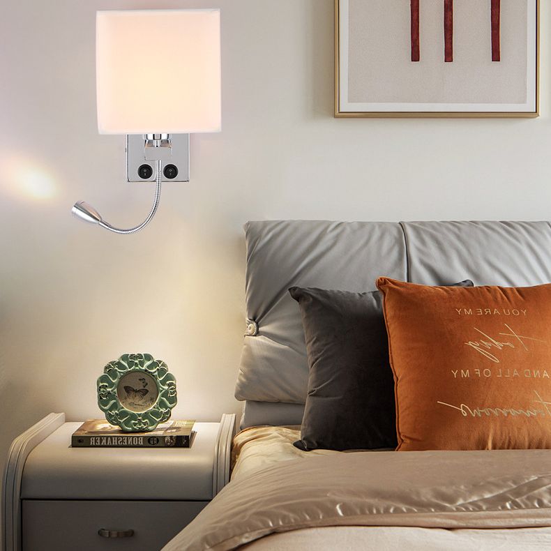 Square Fabric Shade Simplicity Wall Sconce Adjustable LED Spotlight Design Bedside Reading Lamp in Sliver