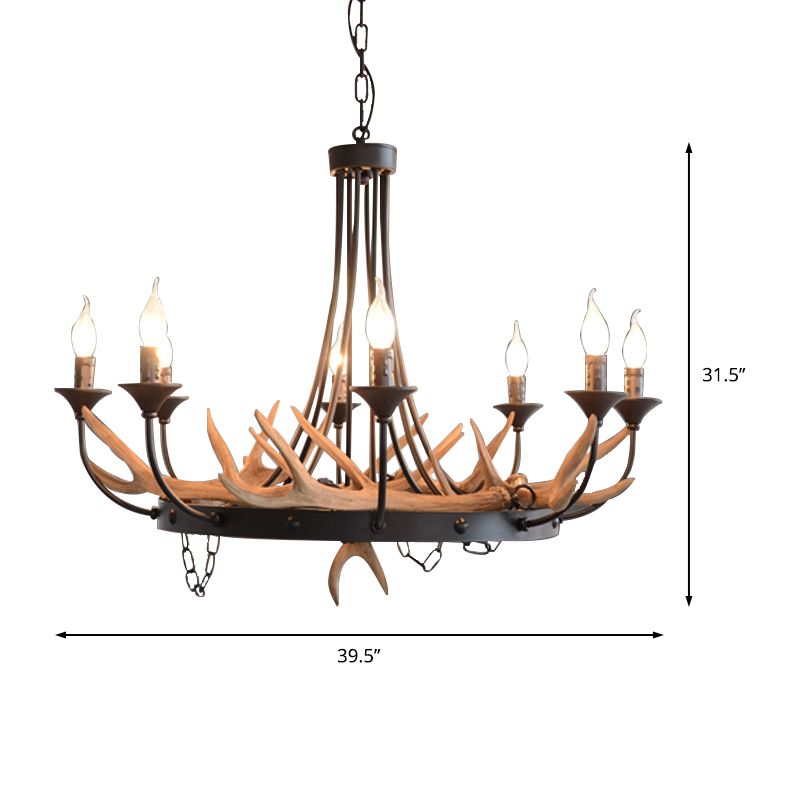 Candelabra Resin Ceiling Lamp Cottage 8-Bulb Dining Room Pendant Chandelier in Black