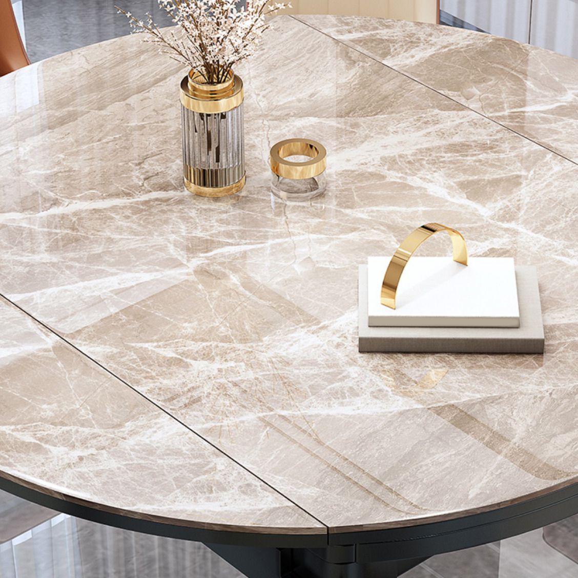 Modern Round Extendable Dining Table Stone Tabletop with Black Wood Legs