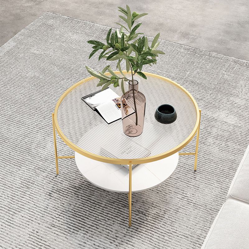 Modern Style Round Glass Table Plate Metal 4 Legs Base with Storage Rack Coffee Table
