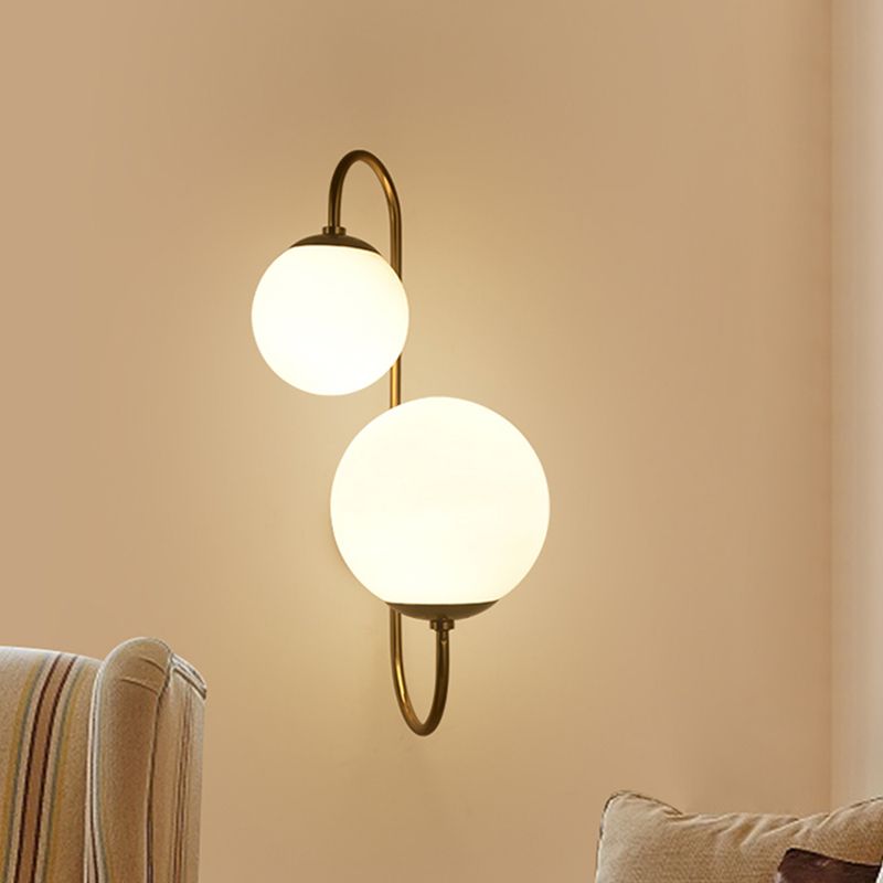 2 Bulbs Armed Sconce Contemporary Metal Wall Lighting Fixture in Gold with Ball Opal Glass Shade