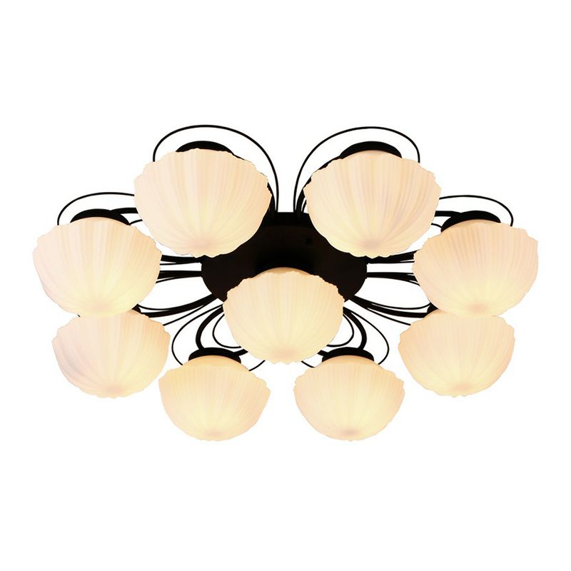 Ribbed Cream Glass Black Flush Mount Chandelier Bowl Classic Semi Flush Light Fixture for Dining Room