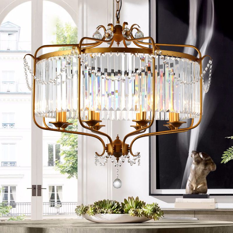 Faceted Crystal Chandelier Lamp Round Countryside Pendant Light Kit with Wire Cage for Living Room