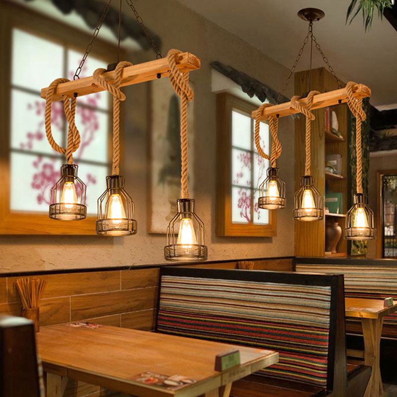 Linear Restaurant Hanging Island Light Cottage Wood 3/5-Light Brown Roped Pendant Lamp with Cage