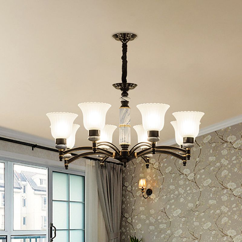 Ribbed Frosted Glass Flared Chandelier Vintage Bedroom Pendant Light with Scalloped Edge in Black