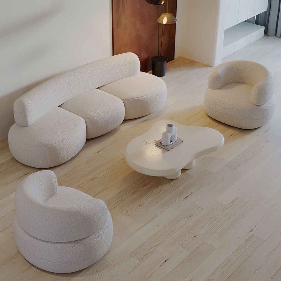 Contemporary Style Wool Sofa in White Curved Upholstered Sofa