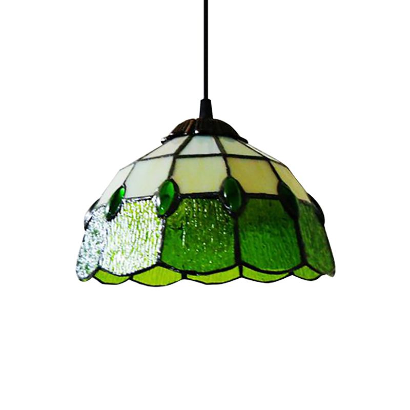 Stained Glass Beaded Drop Lamp Tiffany-Style 1 Head Pink/Green Pendant Lighting Fixture for Hall