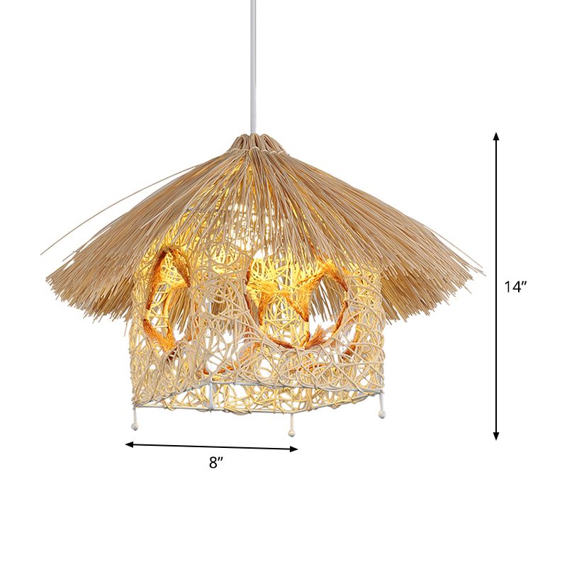 1 tête de salon suspendu Asie Plafond beige Light Light avec une teinte de bambou maison