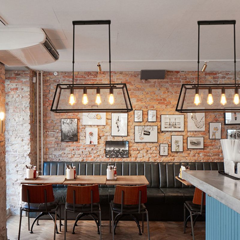 Industrial Glass Island Light Black 4 Lights Island Pendant for Restaurant
