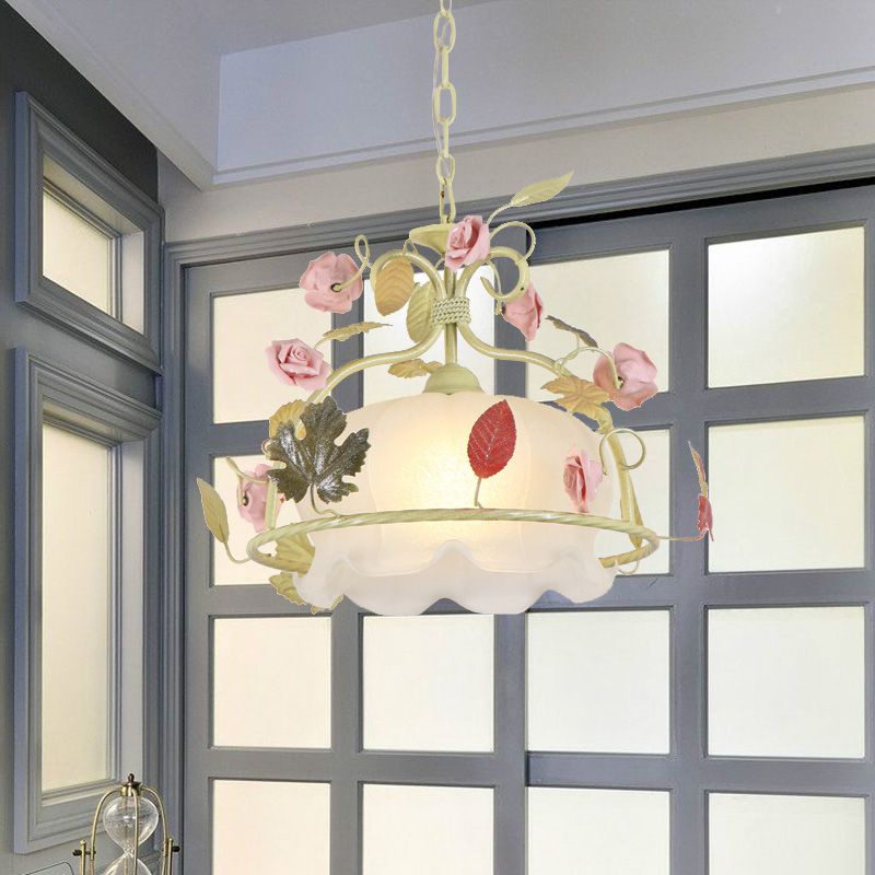 Countryside Scallop Chandelier Light Fixture 3 Bulbs Opal Glass LED Drop Pendant in White/Green for Living Room