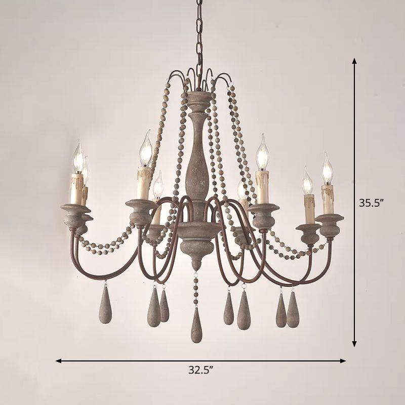 Retro Style Draping Bead Suspension Light 8 Heads Wood Chandelier Light with Candlestick