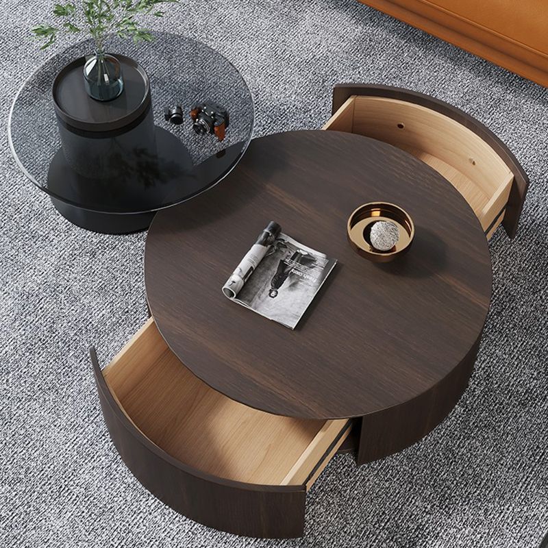 2-Drawer Drum 2 Bunching Coffee Tables Modern Round Wood Cocktail Table Set
