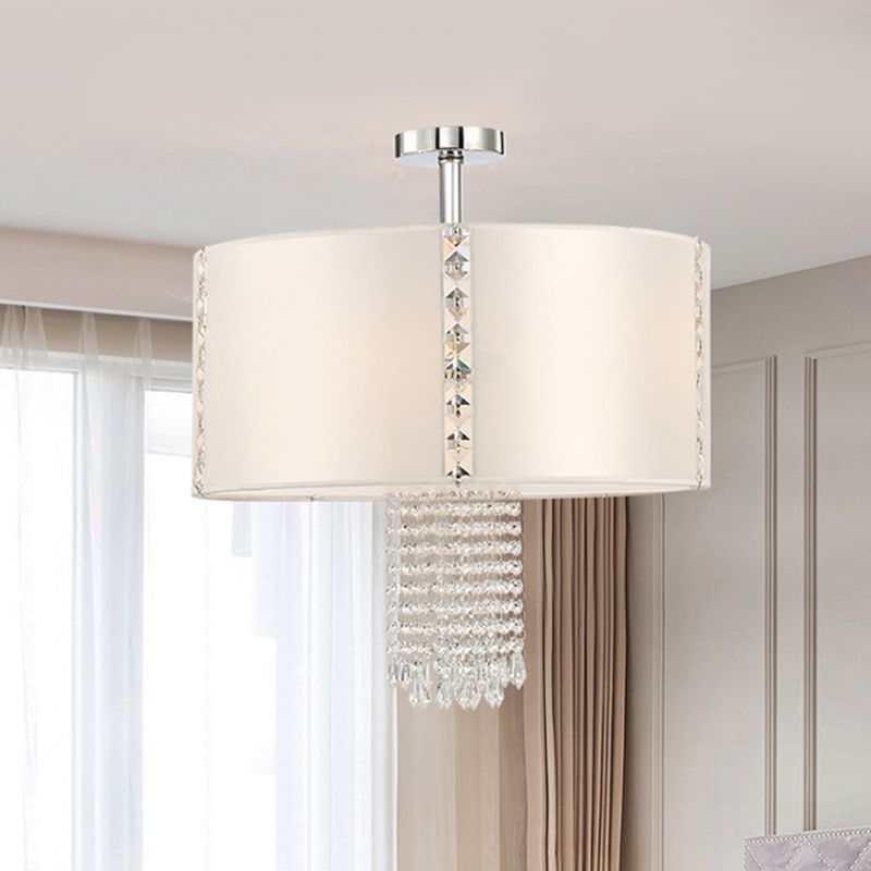 Contemporary 5 Lights Chandelier with Fabric Shade White Round Drop Pendant with Crystal Beans